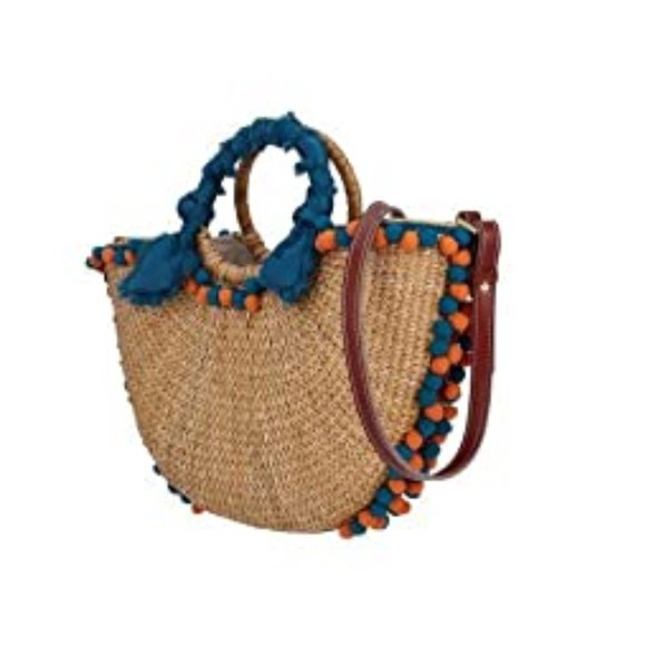 Sam Edelman Inessa Straw Bag Tote W/pompoms - Picture 1 of 7